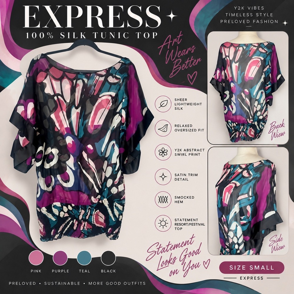 Y2K Express 100% Silk‎ Tunic Top Size Small Abstract Festival Swirl Colorful